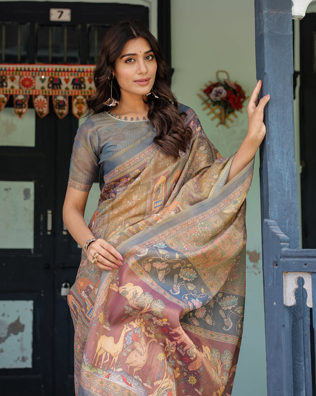Rust beige handloom cotton saree with royal animal caravan scenic village pallu