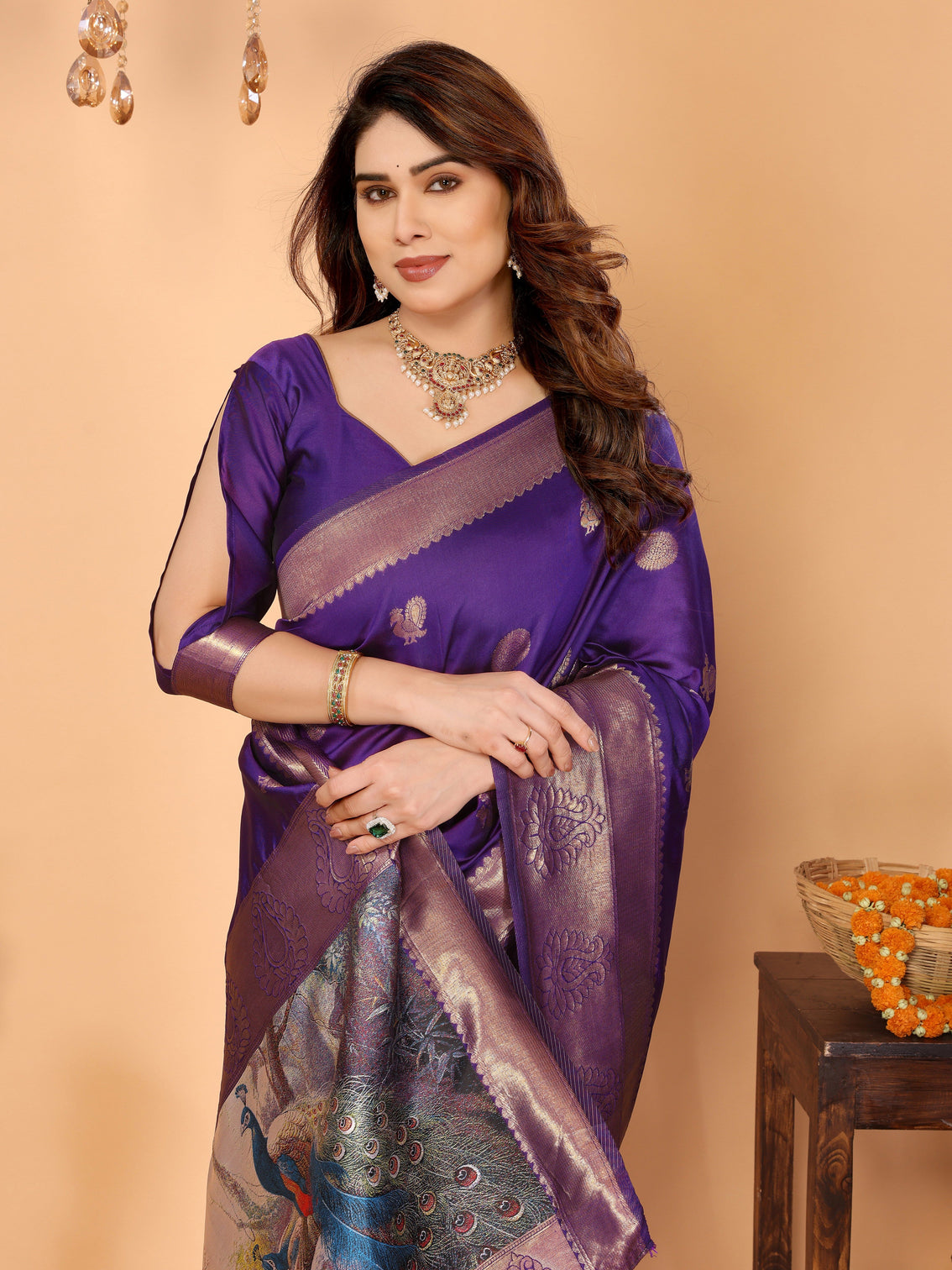 Royal purple banarasi silk saree with golden zari weaving peacock digital pallu elegant festive wear
