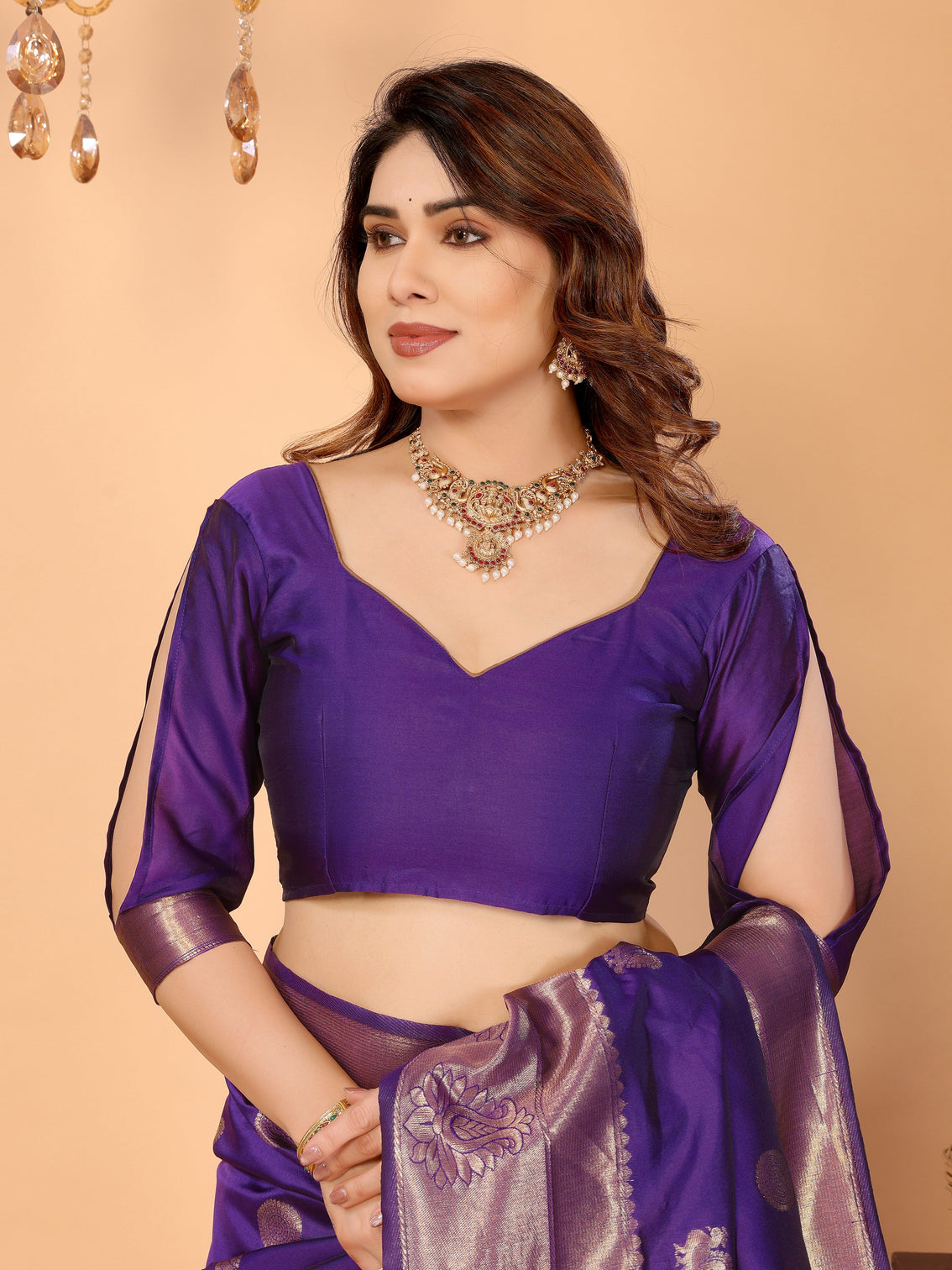 Royal purple banarasi silk saree with golden zari weaving peacock digital pallu elegant festive wear