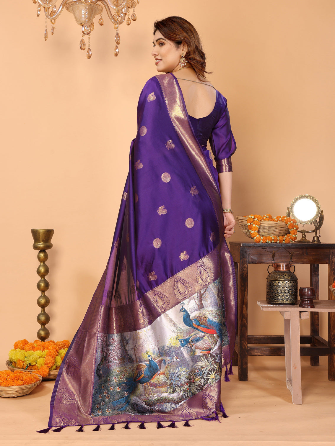Royal purple banarasi silk saree with golden zari weaving peacock digital pallu elegant festive wear