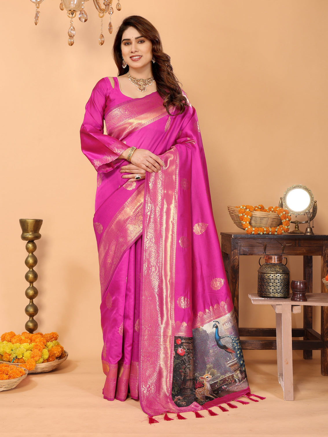 Rani pink banarasi silk saree with golden zari weaving artistic peacock digital pallu traditional festive wear mameraa