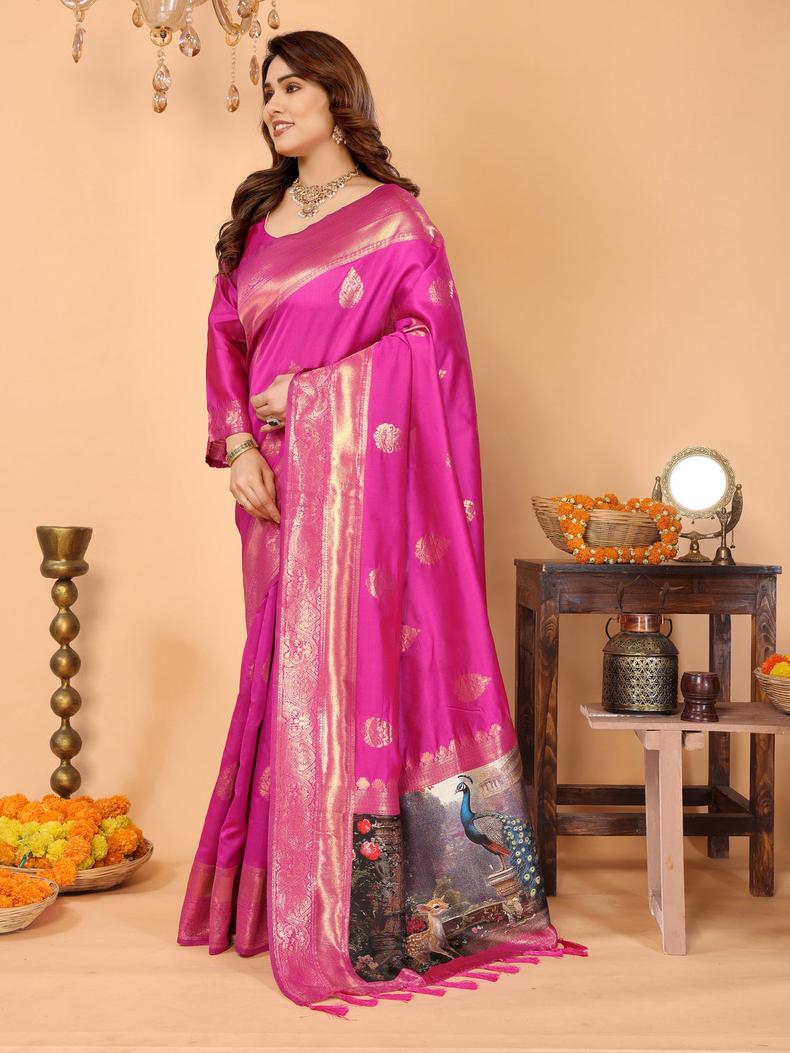 Rani pink banarasi silk saree with golden zari weaving artistic peacock digital pallu traditional festive wear