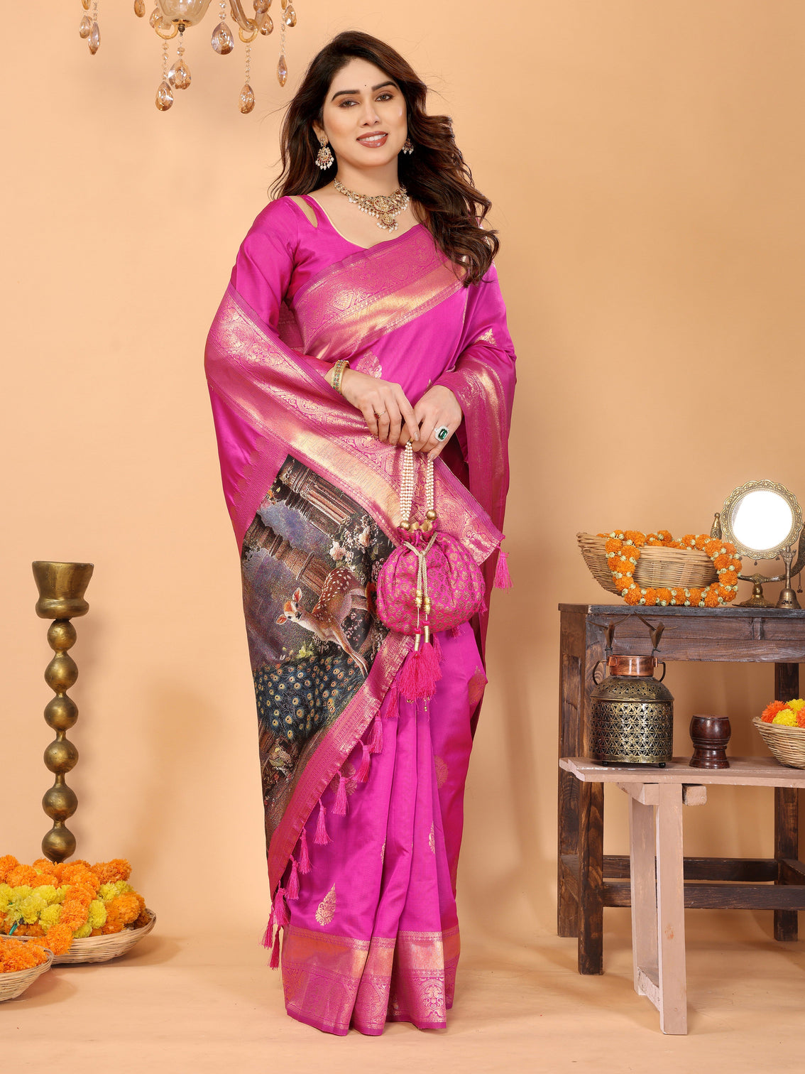 Rani pink banarasi silk saree with golden zari weaving artistic peacock digital pallu traditional festive wear