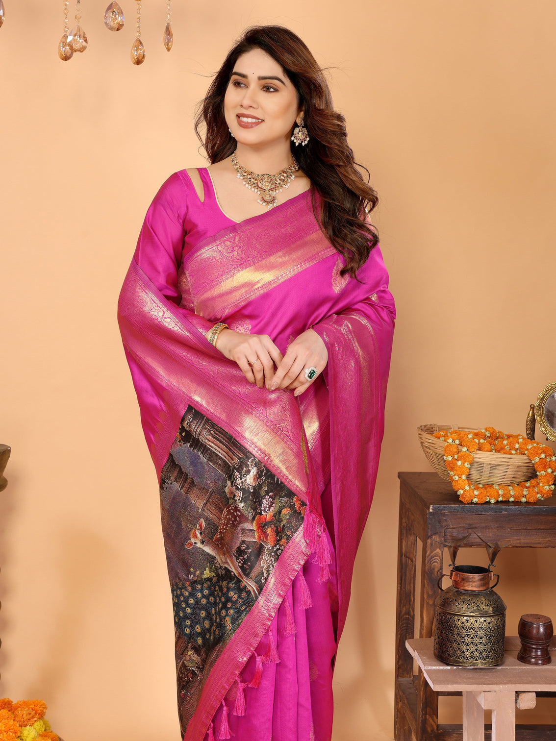 Rani pink banarasi silk saree with golden zari weaving artistic peacock digital pallu traditional festive wear