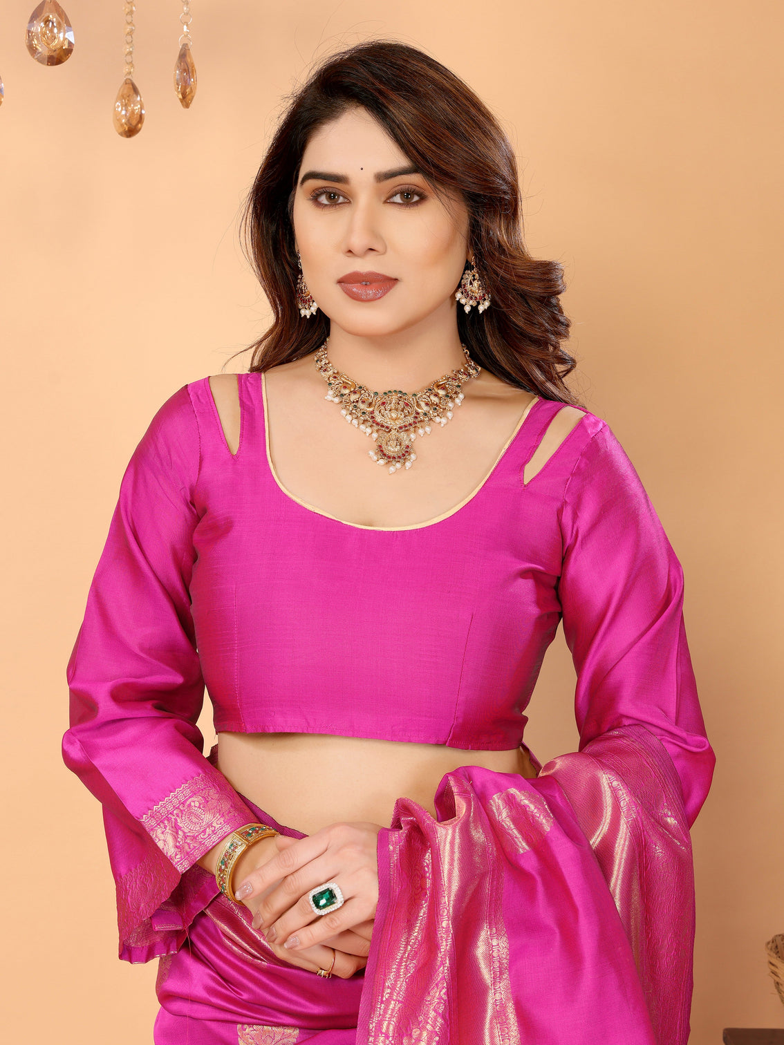 Rani pink banarasi silk saree with golden zari weaving artistic peacock digital pallu traditional festive wear