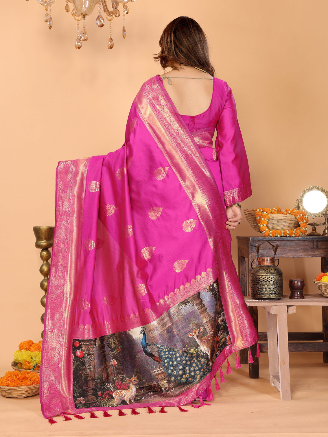 Rani pink banarasi silk saree with golden zari weaving artistic peacock digital pallu traditional festive wear