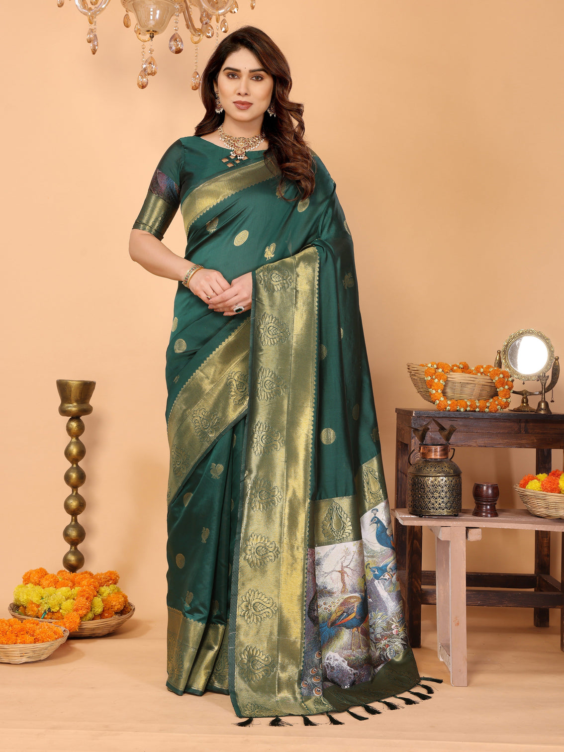 Bottle green banarasi silk saree with golden zari weaving peacock digital pallu elegant wedding festive wear mameraa