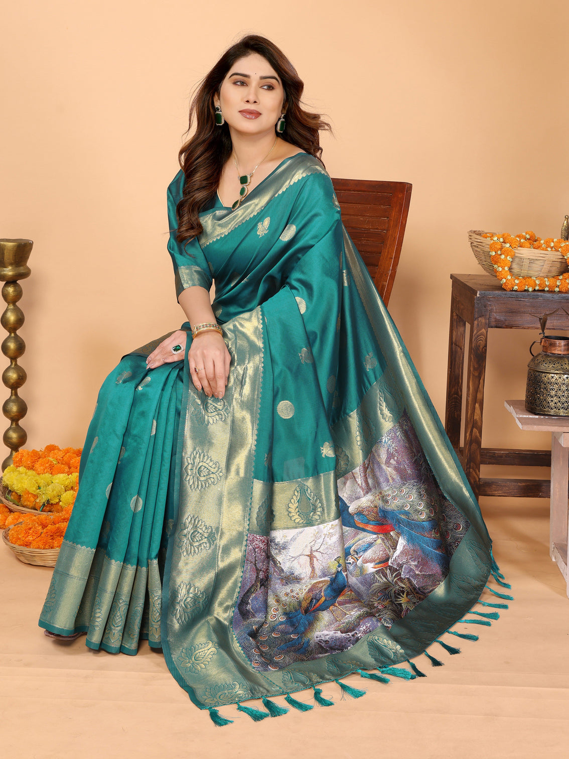 Teal green banarasi silk saree with golden zari weaving peacock digital print pallu festive wedding wear
