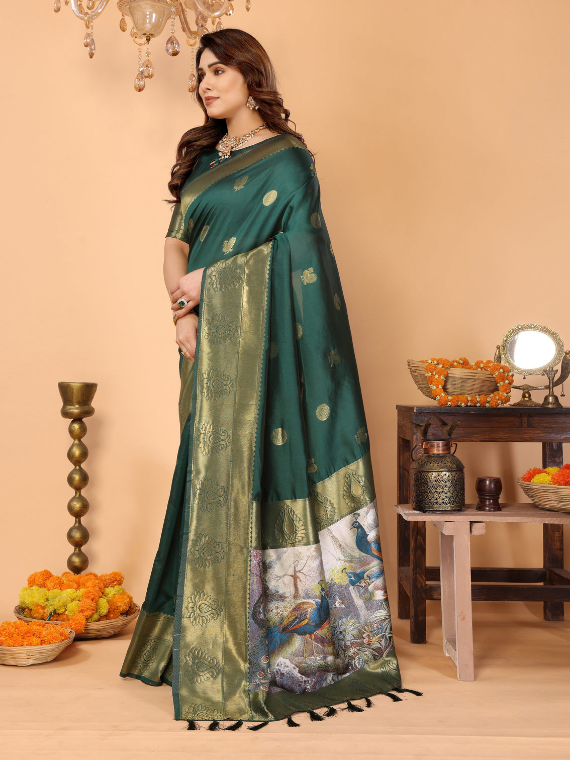 Bottle green banarasi silk saree with golden zari weaving peacock digital pallu elegant wedding festive wear