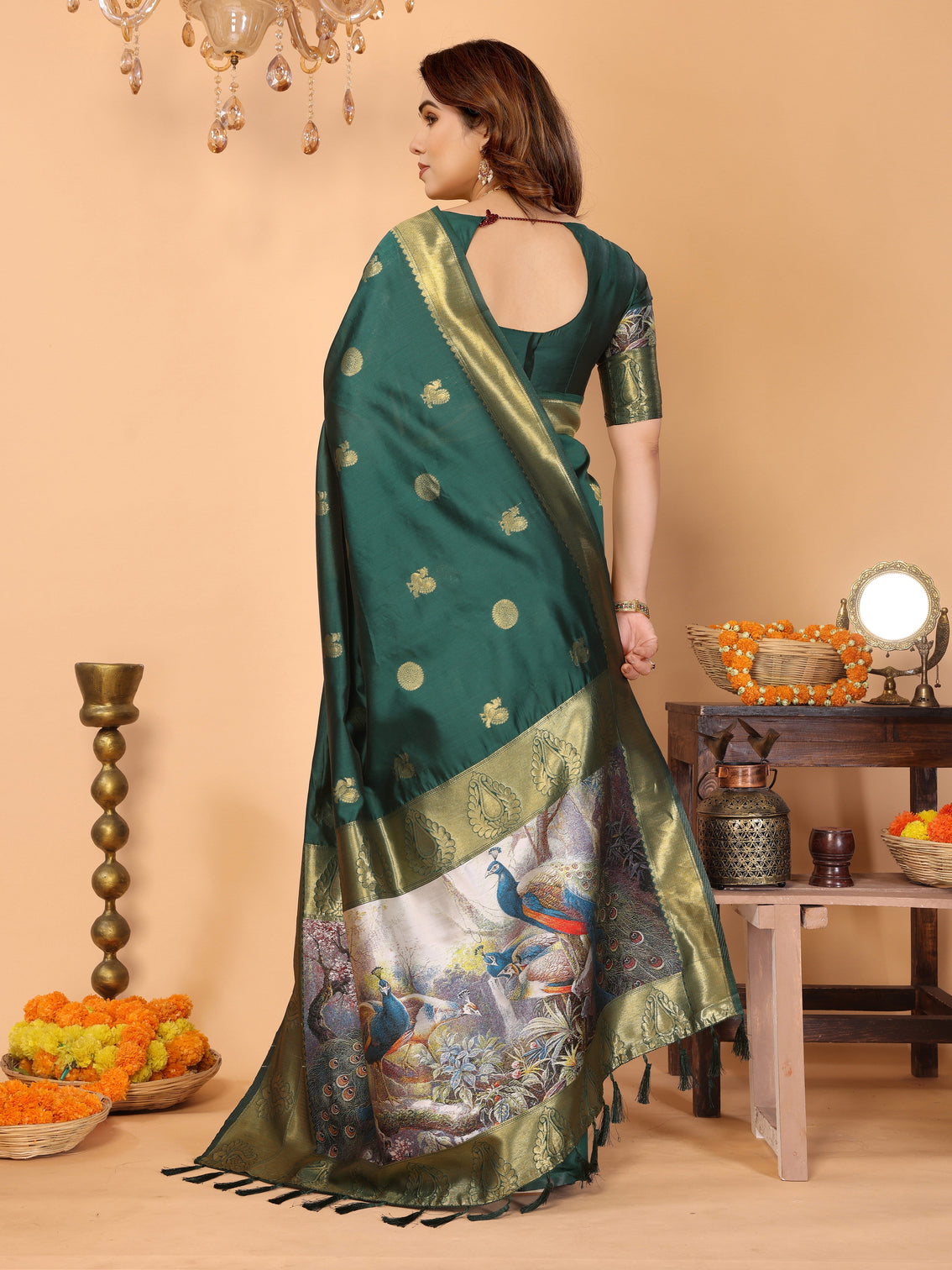 Bottle green banarasi silk saree with golden zari weaving peacock digital pallu elegant wedding festive wear