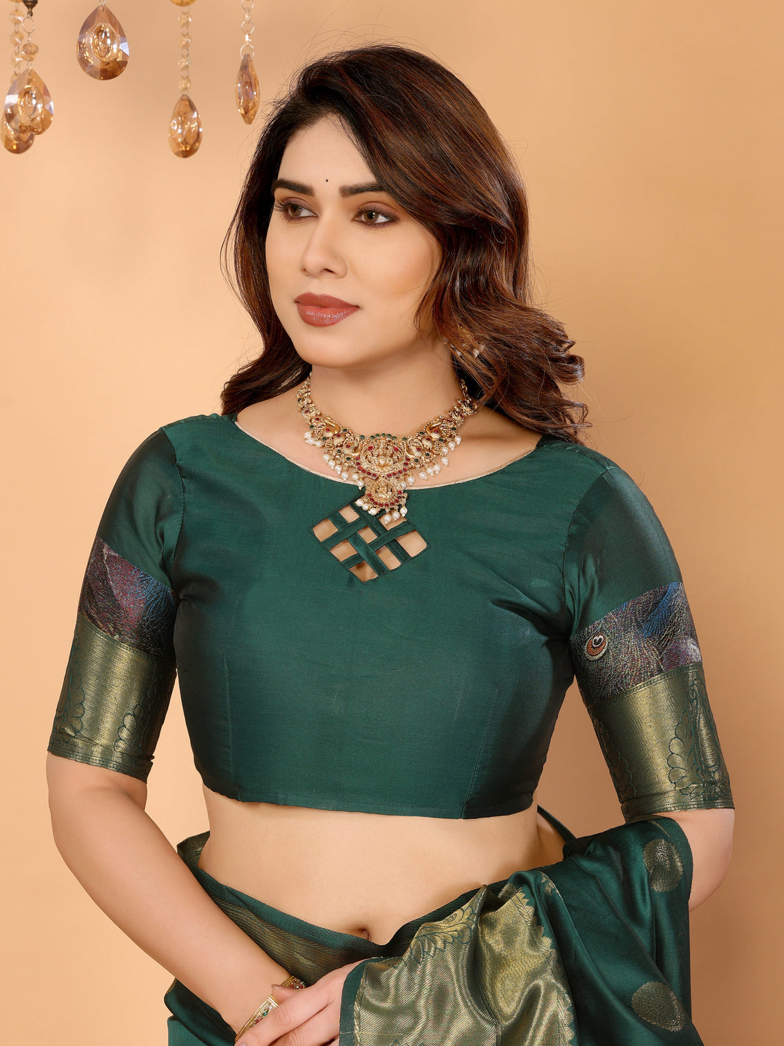 Bottle green banarasi silk saree with golden zari weaving peacock digital pallu elegant wedding festive wear