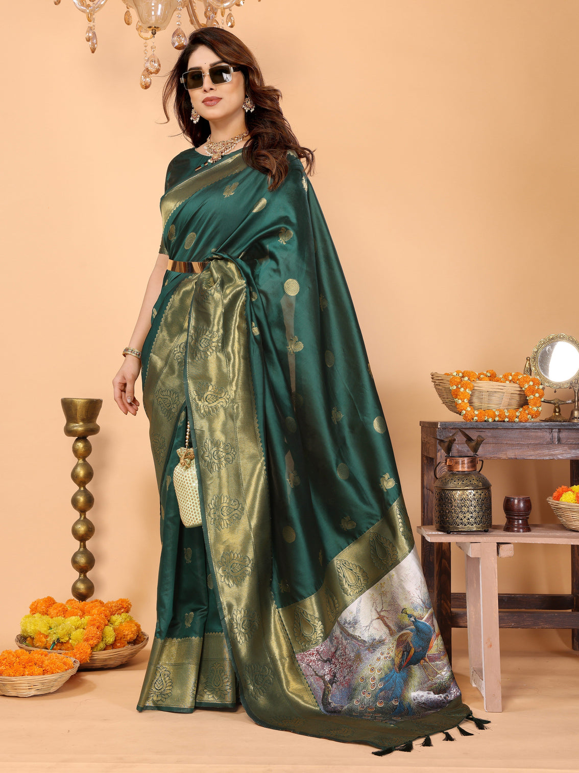Bottle green banarasi silk saree with golden zari weaving peacock digital pallu elegant wedding festive wear
