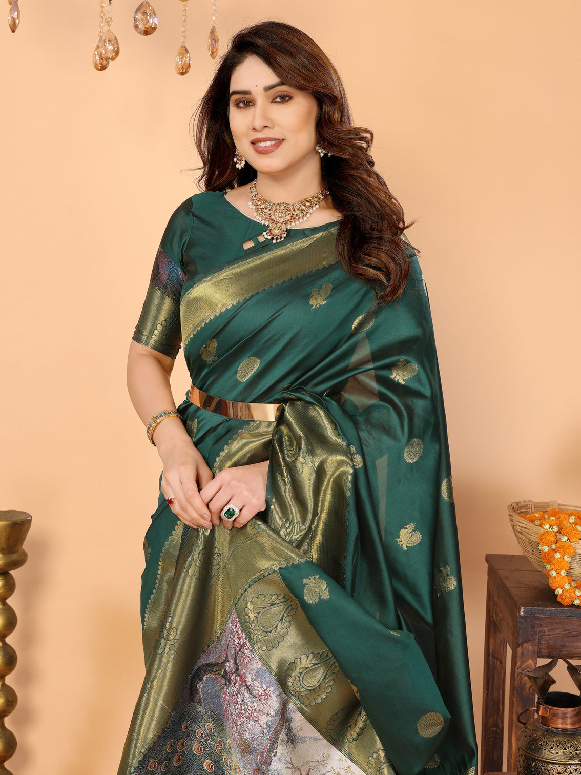 Bottle green banarasi silk saree with golden zari weaving peacock digital pallu elegant wedding festive wear