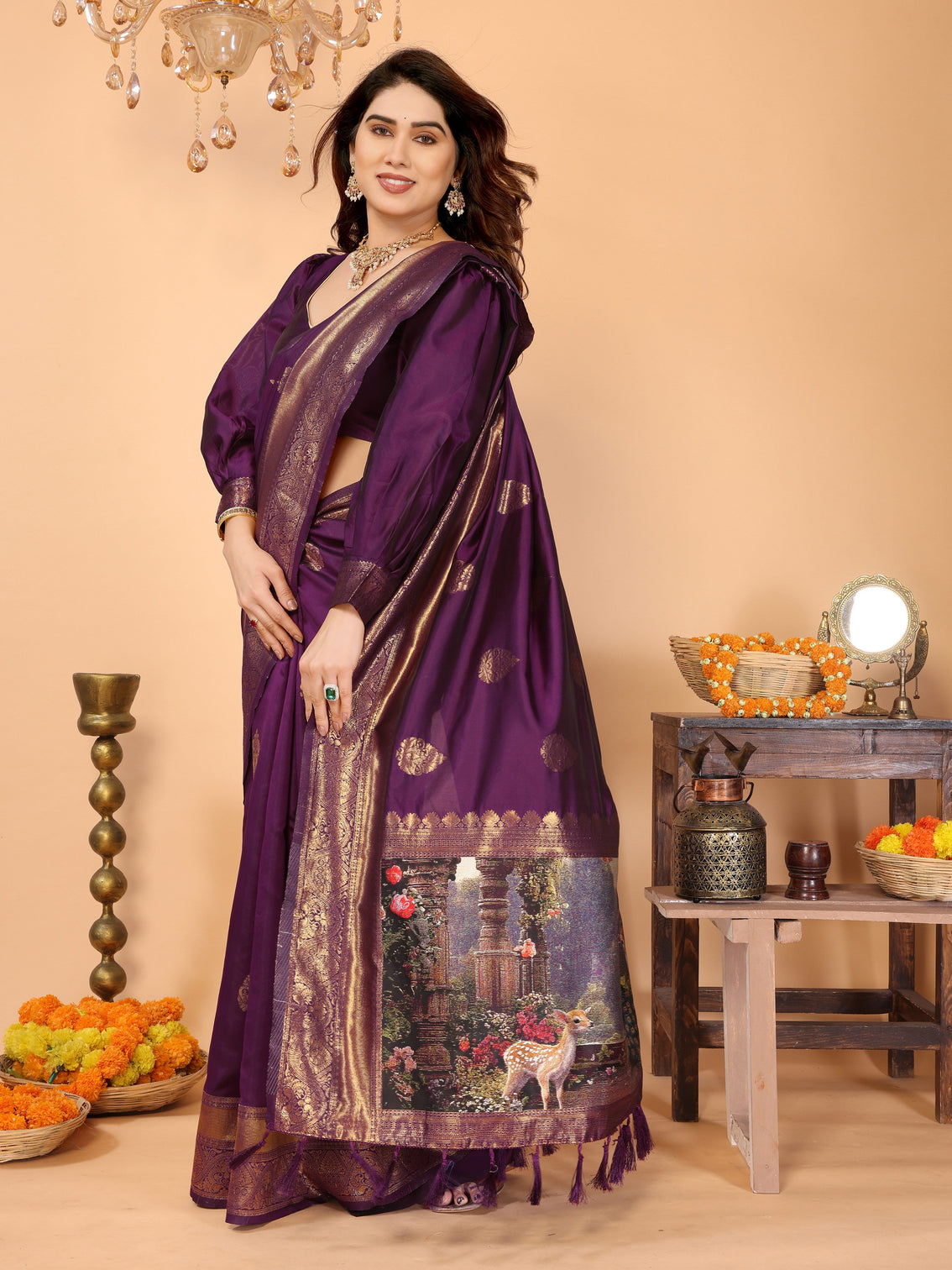 Deep purple banarasi silk saree with rich zari weaving royal peacock digital pallu perfect for wedding festive occasions