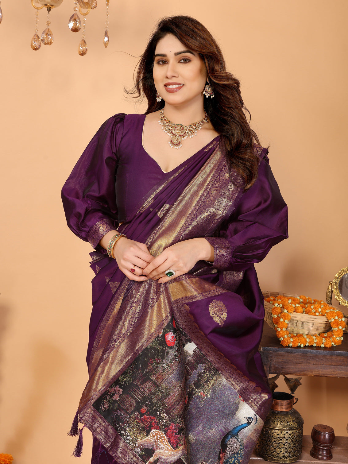 Deep purple banarasi silk saree with rich zari weaving royal peacock digital pallu perfect for wedding festive occasions
