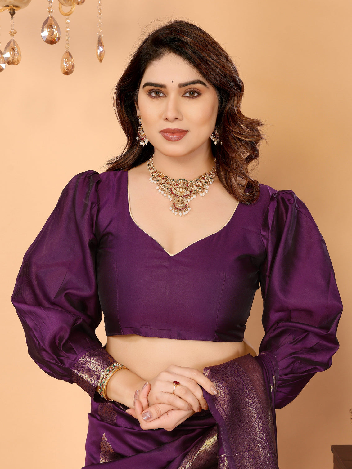 Deep purple banarasi silk saree with rich zari weaving royal peacock digital pallu perfect for wedding festive occasions