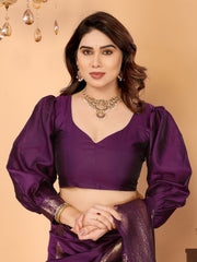 Deep purple banarasi silk saree with rich zari weaving royal peacock digital pallu perfect for wedding festive occasions