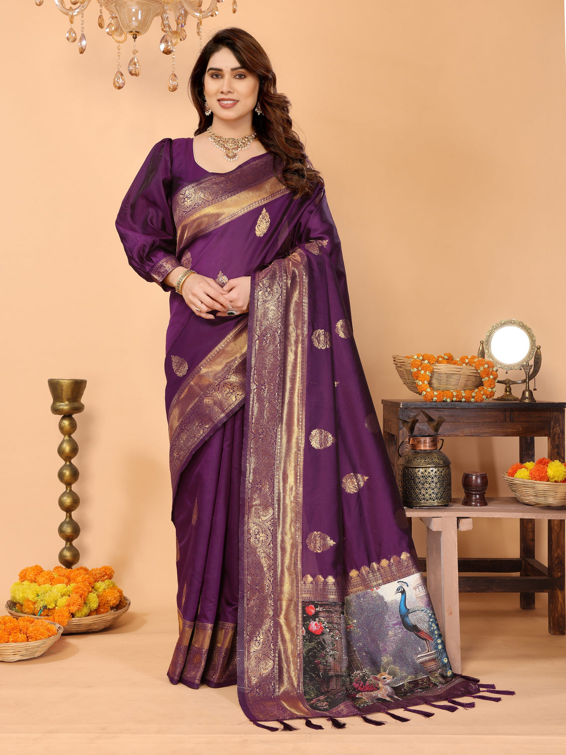 Deep purple banarasi silk saree with rich zari weaving royal peacock digital pallu perfect for wedding festive occasions mameraa