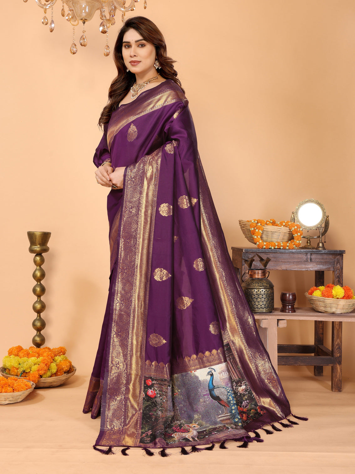 Deep purple banarasi silk saree with rich zari weaving royal peacock digital pallu perfect for wedding festive occasions