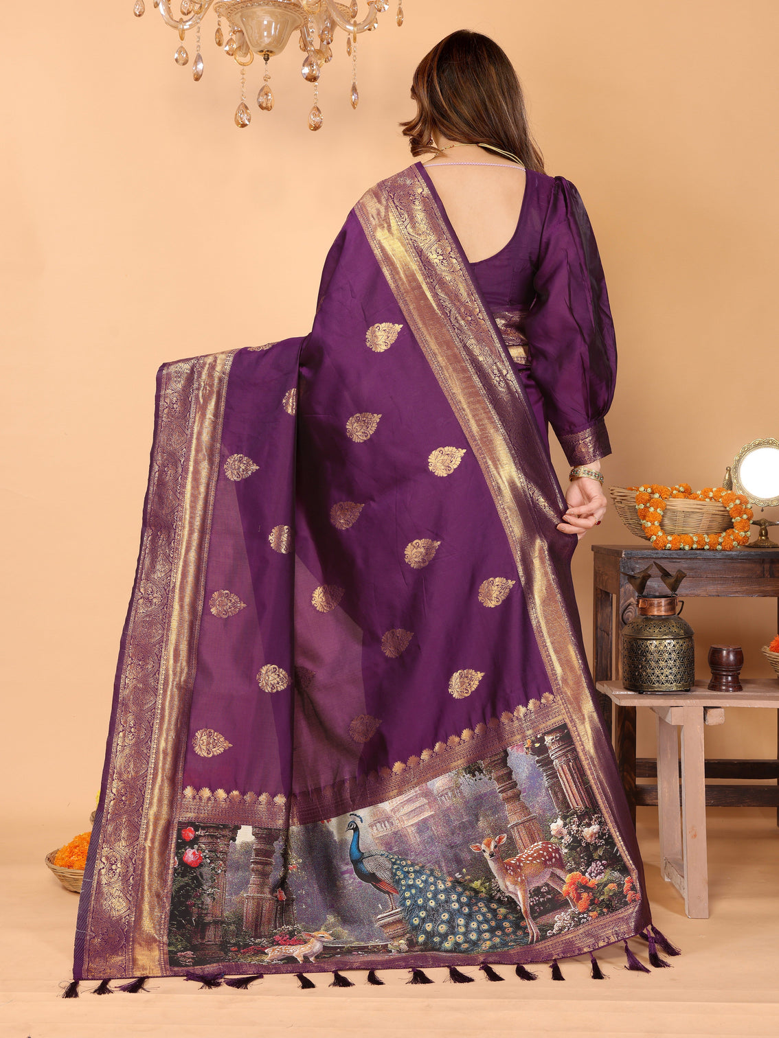 Deep purple banarasi silk saree with rich zari weaving royal peacock digital pallu perfect for wedding festive occasions
