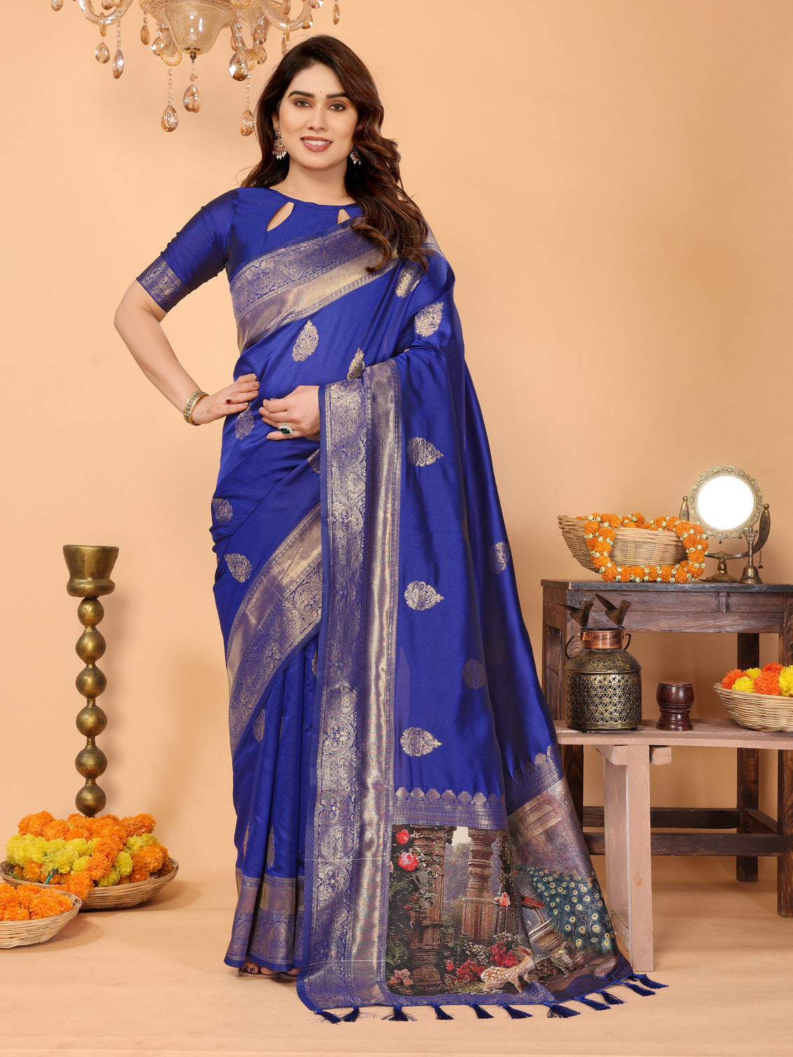 Royal blue banarasi silk saree with golden zari weaving temple peacock digital pallu festive wedding special mameraa