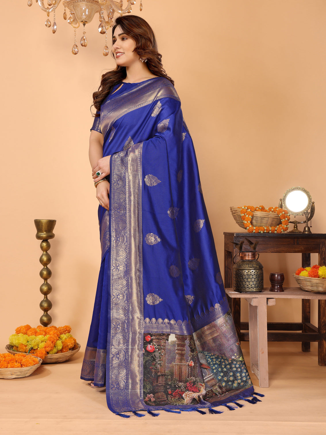 Royal blue banarasi silk saree with golden zari weaving temple peacock digital pallu festive wedding special
