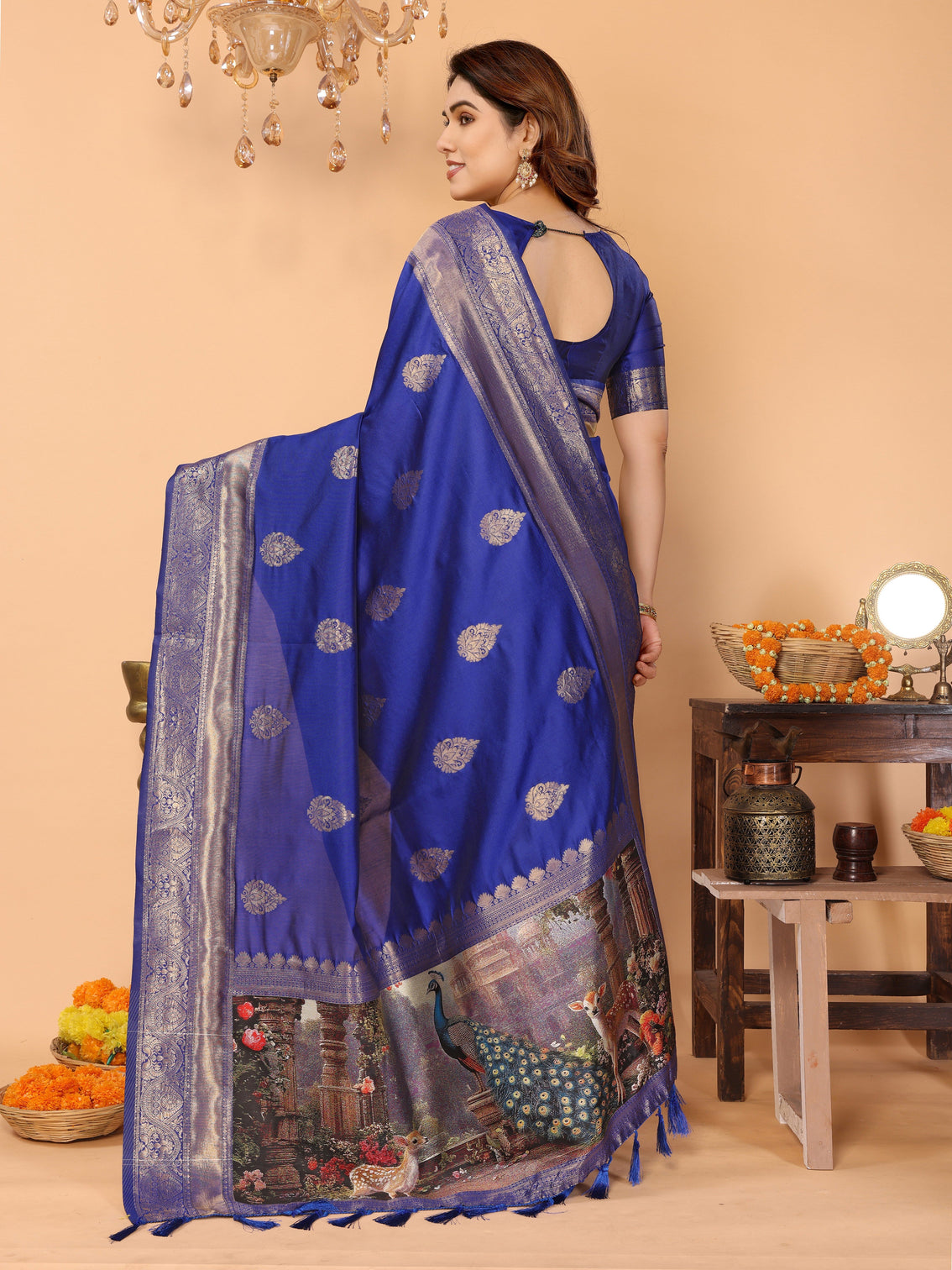 Royal blue banarasi silk saree with golden zari weaving temple peacock digital pallu festive wedding special