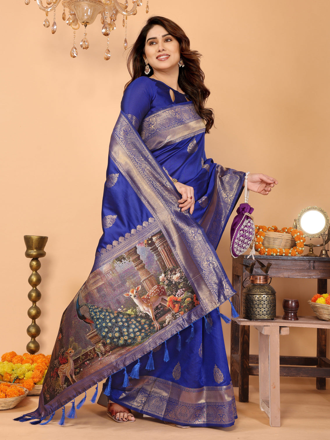 Royal blue banarasi silk saree with golden zari weaving temple peacock digital pallu festive wedding special