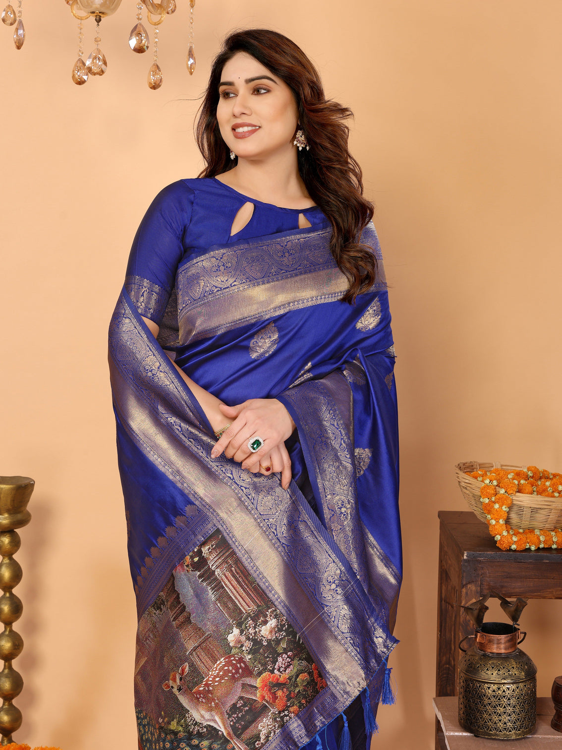 Royal blue banarasi silk saree with golden zari weaving temple peacock digital pallu festive wedding special