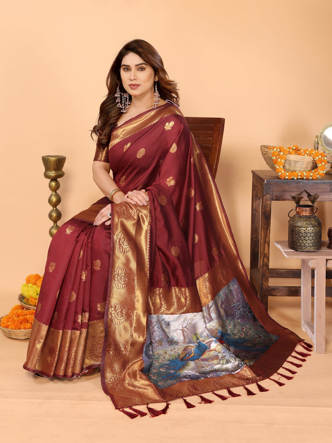 Maroon banarasi silk saree with golden zari woven border peacock digital print pallu bridal festive special