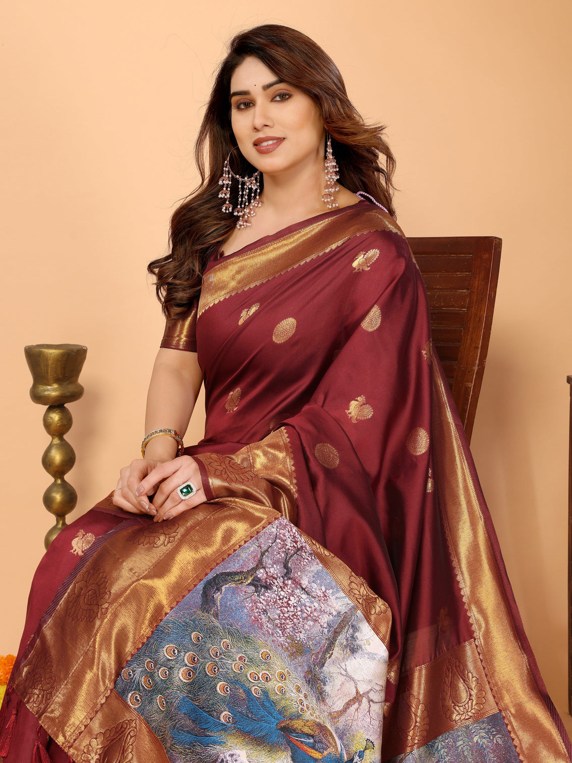 Maroon banarasi silk saree with golden zari woven border peacock digital print pallu bridal festive special