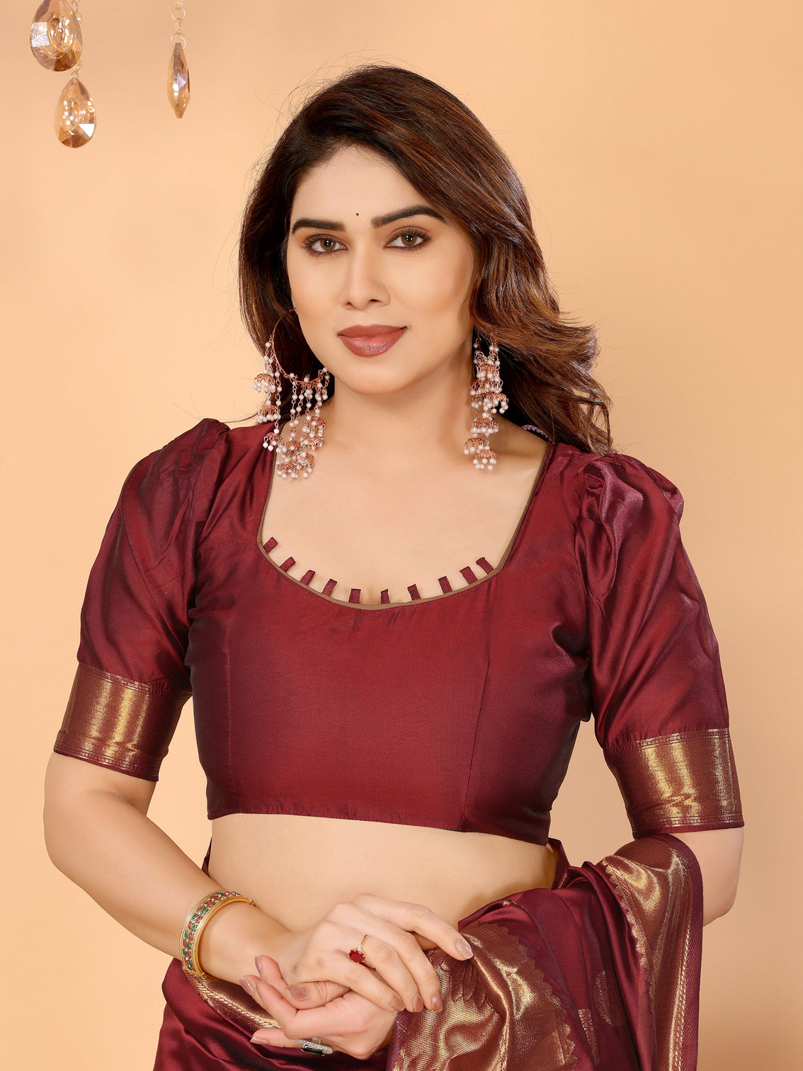 Maroon banarasi silk saree with golden zari woven border peacock digital print pallu bridal festive special