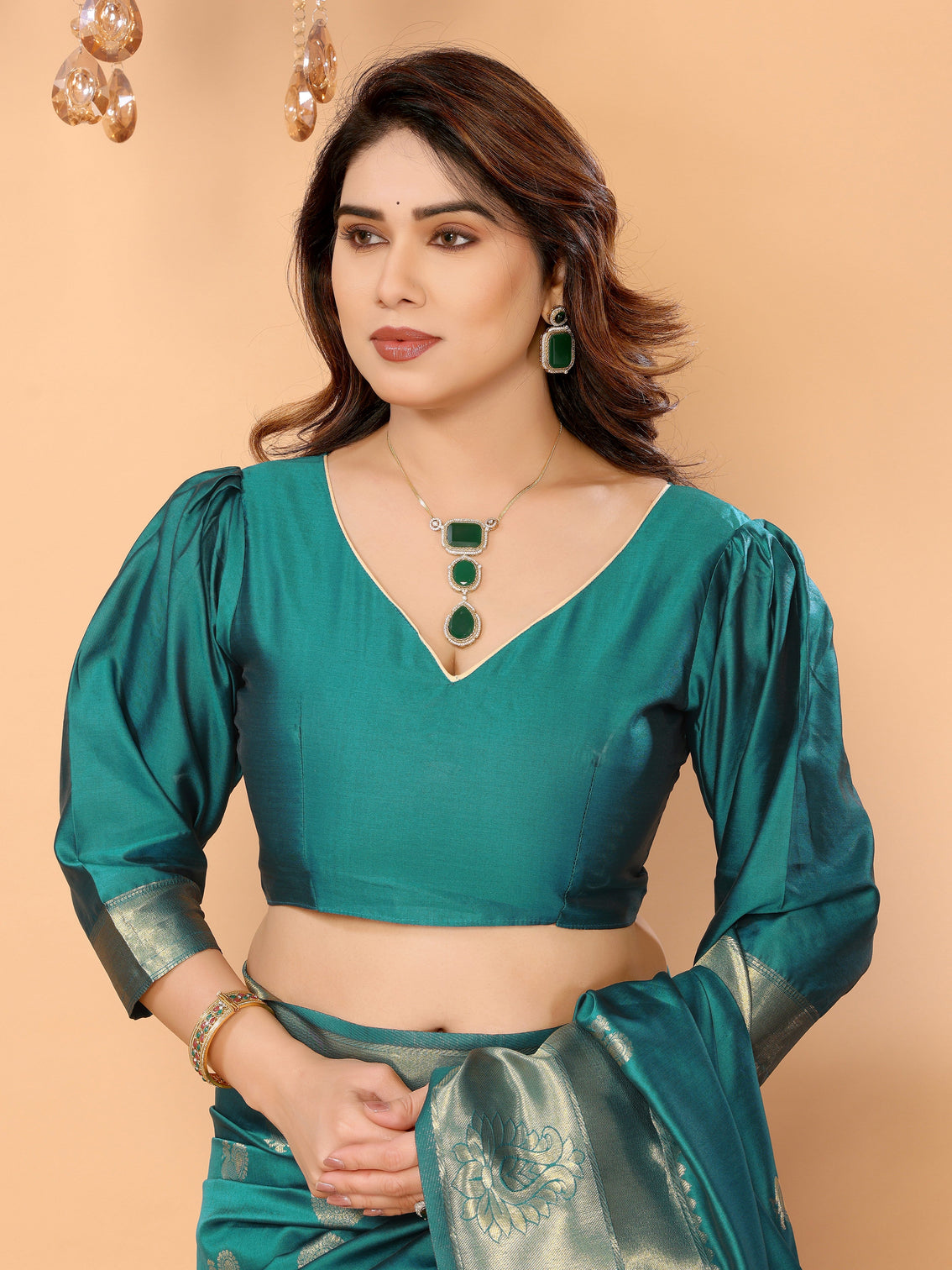 Teal green banarasi silk saree with golden zari weaving peacock digital print pallu festive wedding wear