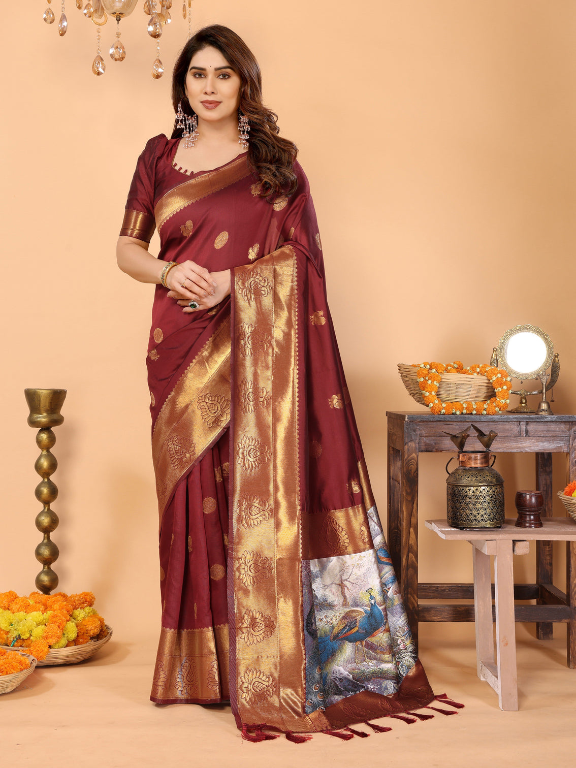 Maroon banarasi silk saree with golden zari woven border peacock digital print pallu bridal festive special mameraa