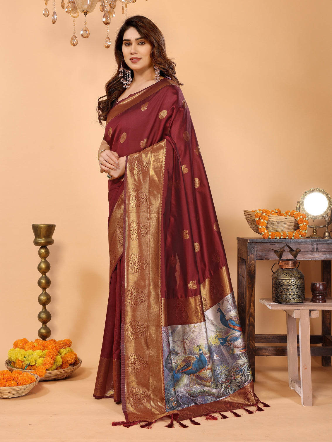 Maroon banarasi silk saree with golden zari woven border peacock digital print pallu bridal festive special