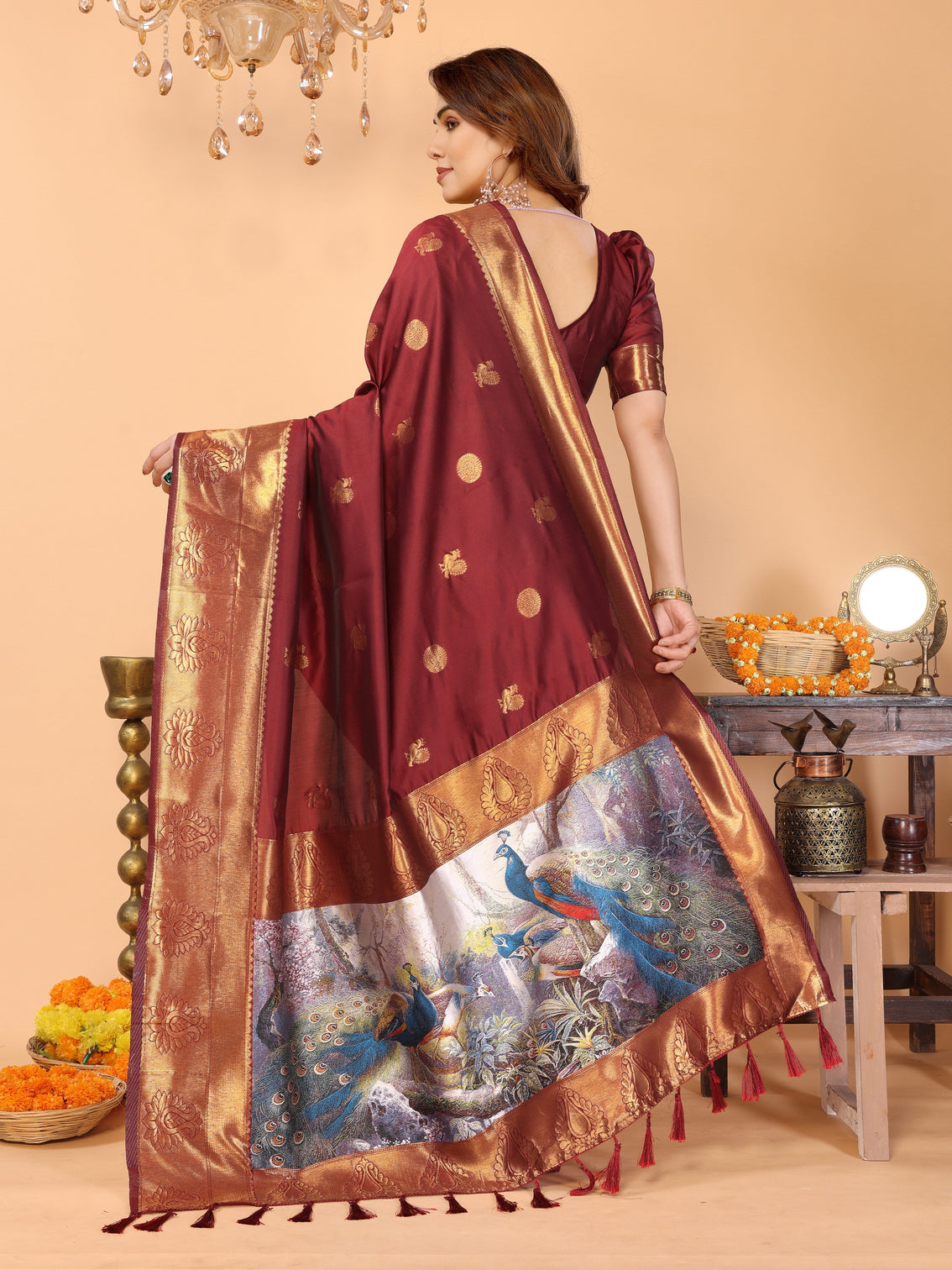 Maroon banarasi silk saree with golden zari woven border peacock digital print pallu bridal festive special