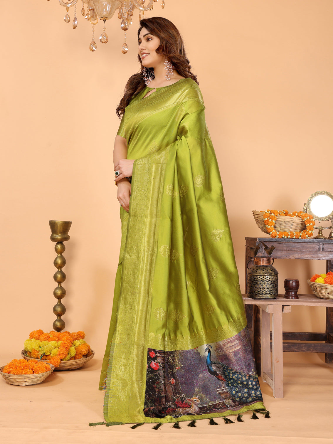 Lime green banarasi silk saree with golden zari weaving peacock digital print pallu festive elegant occasion wear