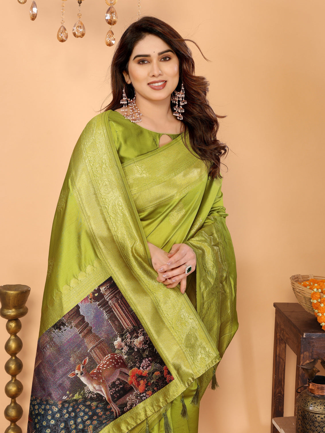 Lime green banarasi silk saree with golden zari weaving peacock digital print pallu festive elegant occasion wear