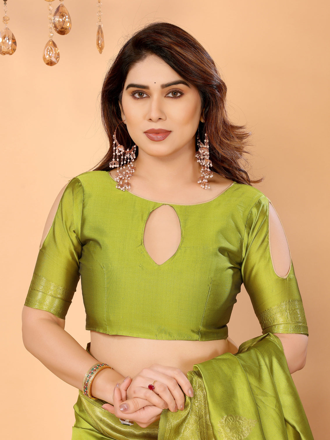 Lime green banarasi silk saree with golden zari weaving peacock digital print pallu festive elegant occasion wear