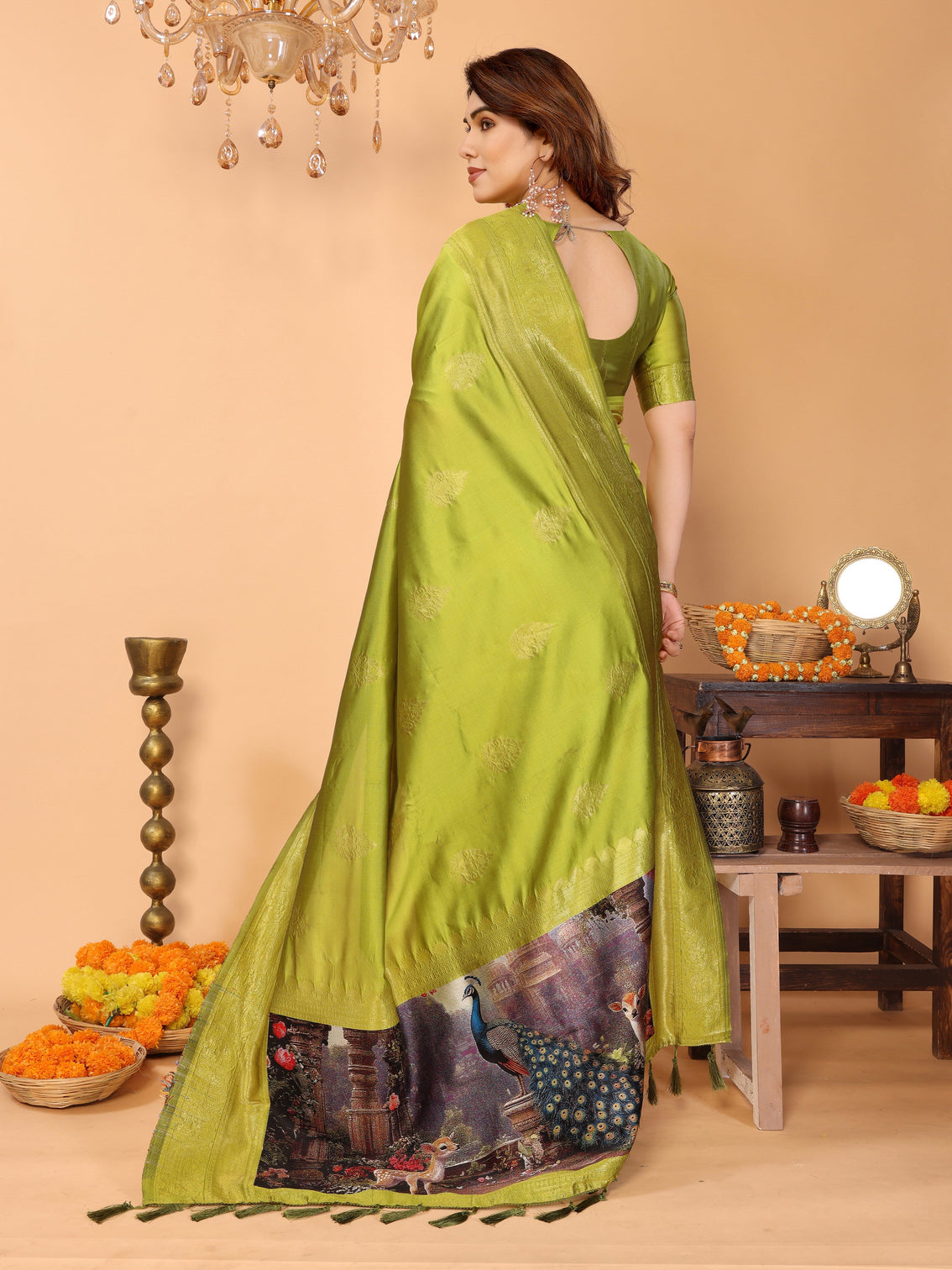 Lime green banarasi silk saree with golden zari weaving peacock digital print pallu festive elegant occasion wear