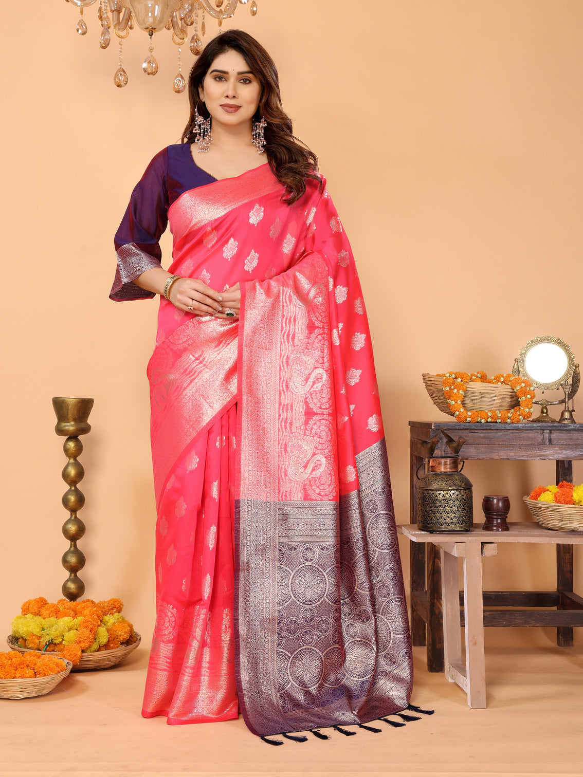 Rani pink banarasi silk saree with silver zari weaving royal violet border bridal festive traditional wear mameraa