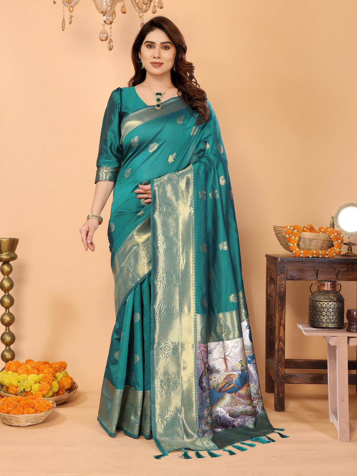 Teal green banarasi silk saree with golden zari weaving peacock digital print pallu festive wedding wear mameraa