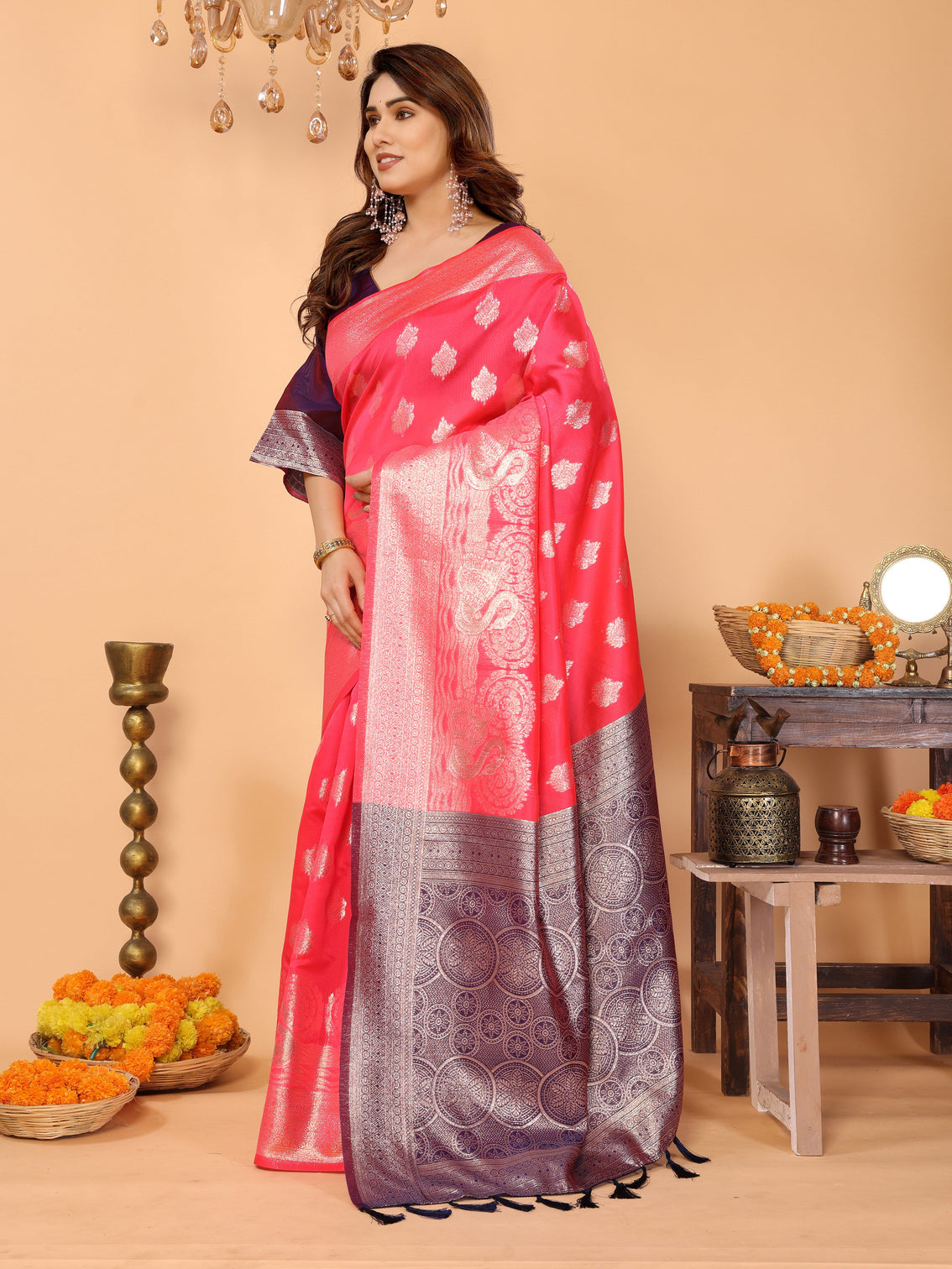 Rani pink banarasi silk saree with silver zari weaving royal violet border bridal festive traditional wear
