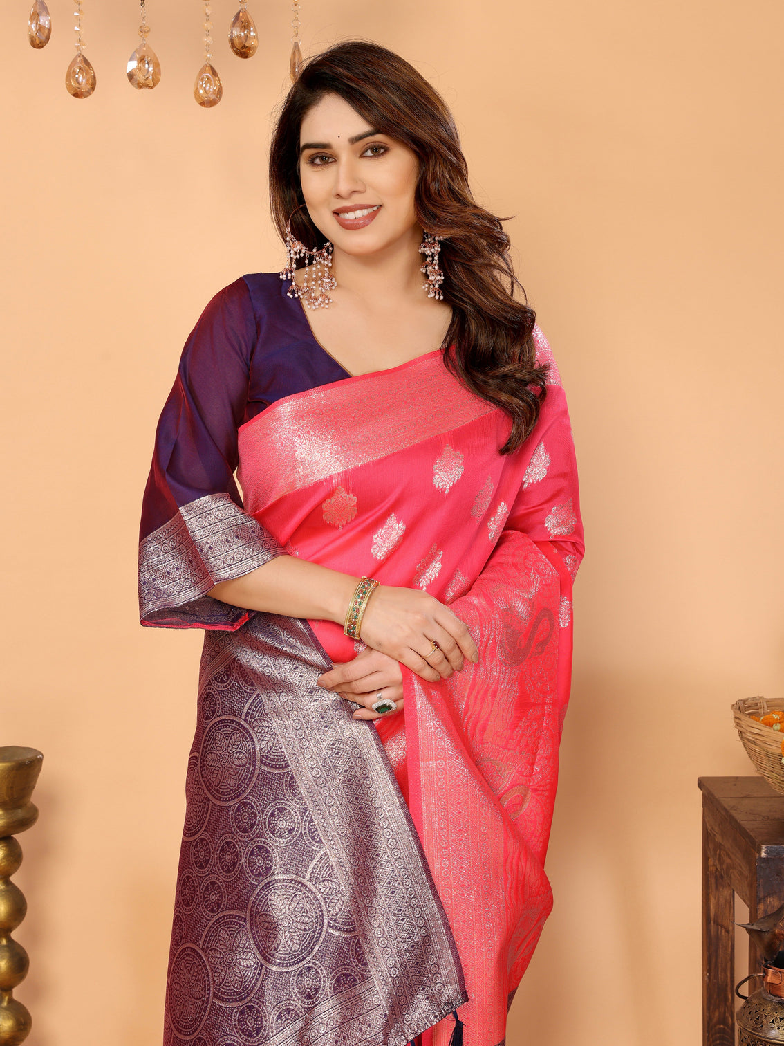 Rani pink banarasi silk saree with silver zari weaving royal violet border bridal festive traditional wear