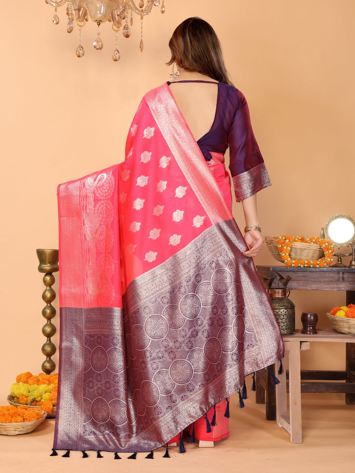 Rani pink banarasi silk saree with silver zari weaving royal violet border bridal festive traditional wear