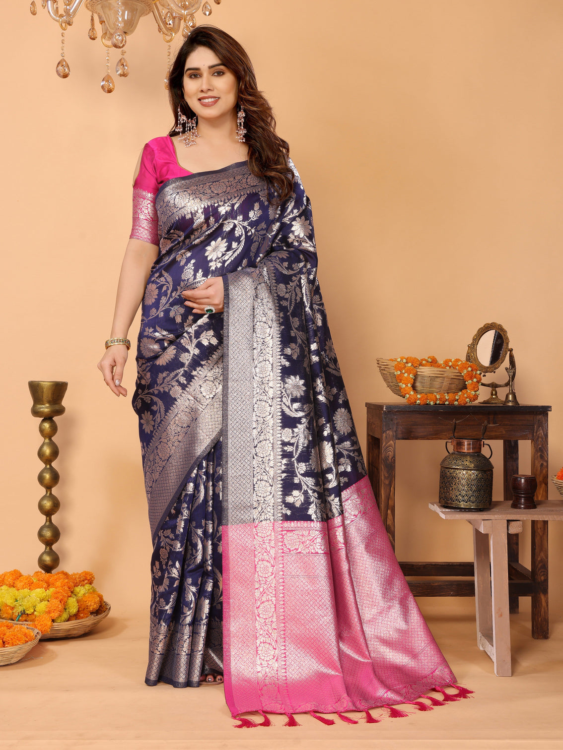 Navy blue banarasi silk saree with silver zari floral weaving pink pallu elegant traditional saree for festive wedding wear mameraa