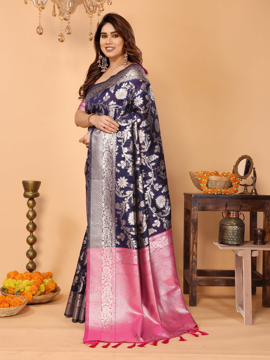 Navy blue banarasi silk saree with silver zari floral weaving pink pallu elegant traditional saree for festive wedding wear
