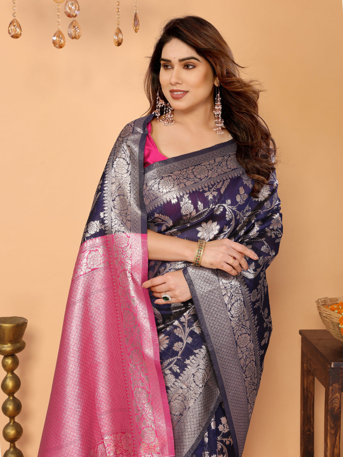 Navy blue banarasi silk saree with silver zari floral weaving pink pallu elegant traditional saree for festive wedding wear