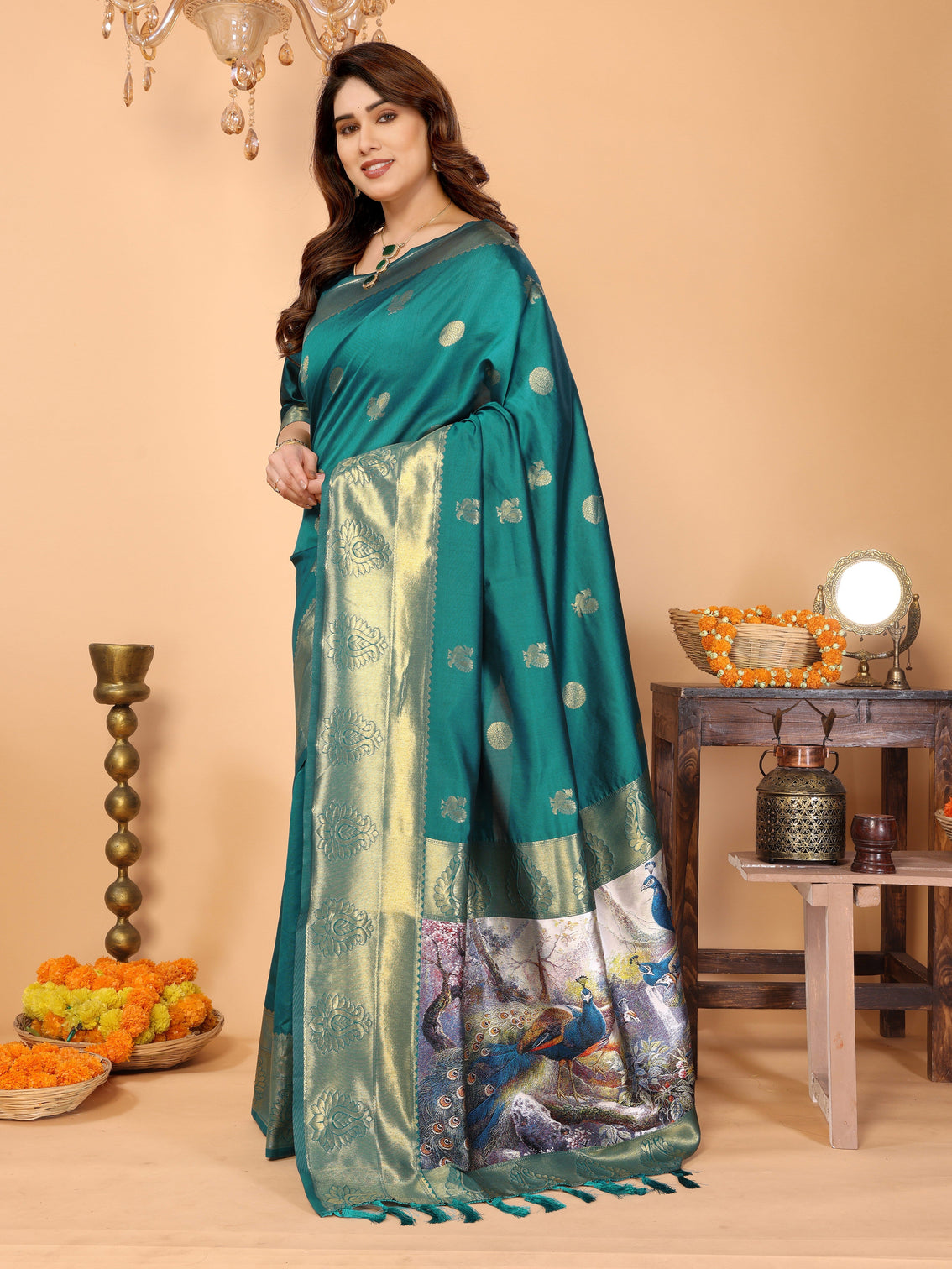 Teal green banarasi silk saree with golden zari weaving peacock digital print pallu festive wedding wear