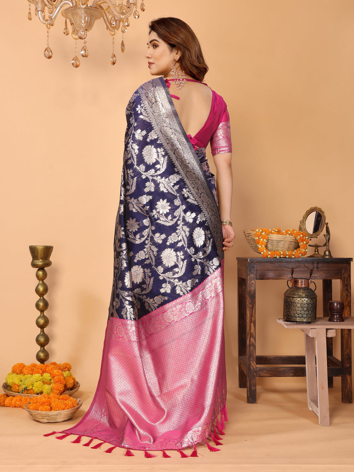 Navy blue banarasi silk saree with silver zari floral weaving pink pallu elegant traditional saree for festive wedding wear
